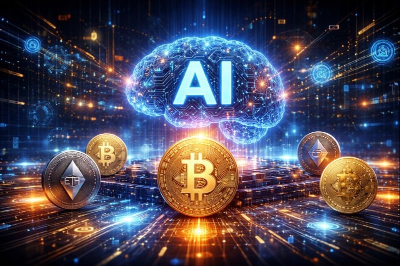 Futuristic illustration showing an AI brain with neural networks interacting with floating cryptocurrency symbols like Bitcoin and Ethereum, robotic hands managing AI data streams and blockchain holograms