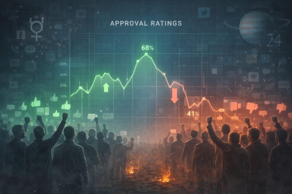 "Conceptual digital art illustrating civil war tension, split groups of people, dramatic lighting, protective spiritual light, and planetary motifs of Neptune and Rahu"