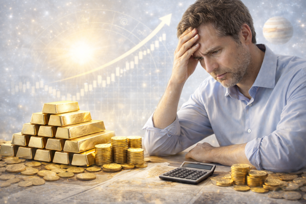 Worried investor observing rising gold prices with minimal astrological elements, reflecting stress caused by increasing gold rates