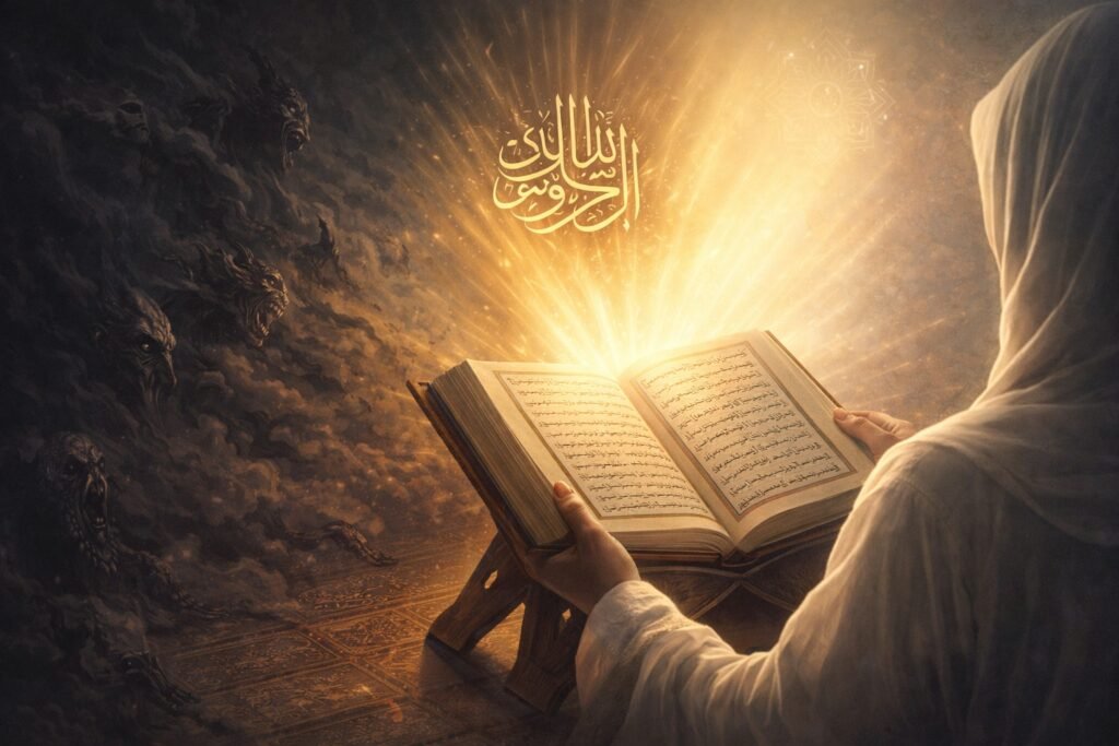 Islamic illustration representing the origin of magic, ancient civilizations, and spiritual protection through faith