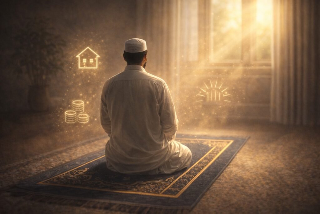 Digital artwork depicting Quranic healing, with verses floating above a glass of water, symbolizing spiritual relief.