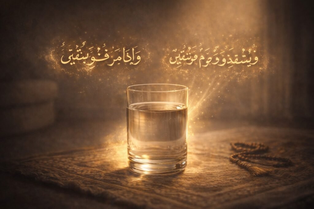 Glass of water with glowing Quranic verses floating above, symbolizing spiritual healing and peace.