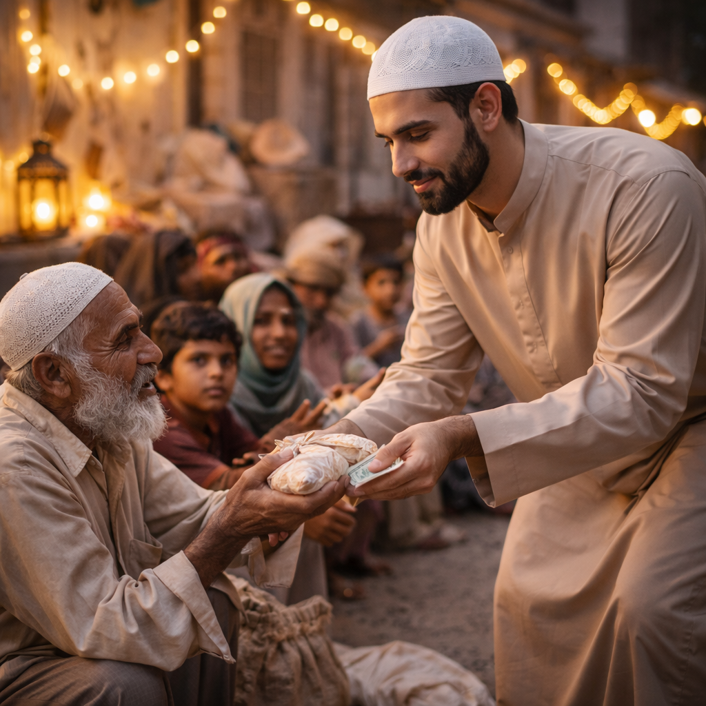 A fasting Muslim man giving charity food to poor people during Ramadan, expressing kindness, compassion, and Islamic values.