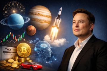 Elon Musk, cryptocurrency market, artificial intelligence and planetary symbols