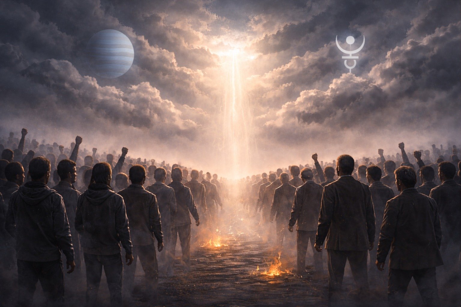 "Conceptual digital art illustrating civil war tension, split groups of people, dramatic lighting, protective spiritual light, and planetary motifs of Neptune and Rahu"