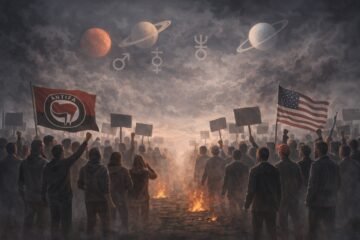 "Futuristic infographic digital art depicting fluctuating approval ratings, divided public reactions, social media influence, and planetary symbols of Mercury and Jupiter"