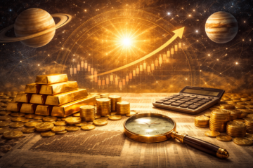 Gold market analysis with soft financial charts and planetary influence, illustrating volatility in gold rates from an astrological perspective