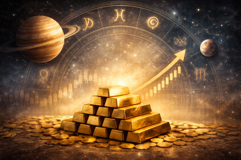 Gold price fluctuations shown with subtle astrological symbols and planetary alignment, representing uncertainty and future trends in gold market
