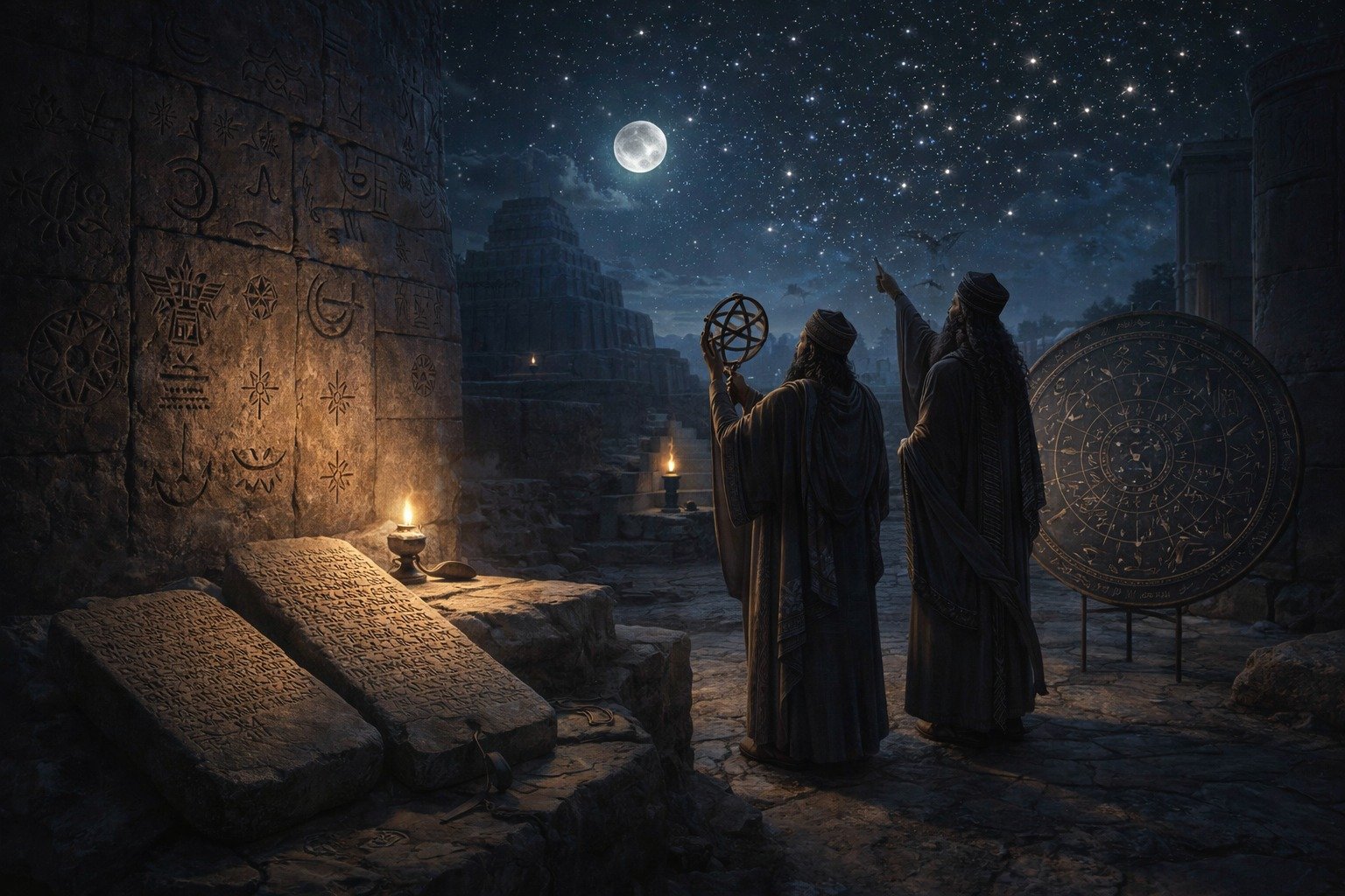 Historical and Islamic illustration showing the origin of magic, ancient civilizations, and the spiritual conflict between truth and falsehood