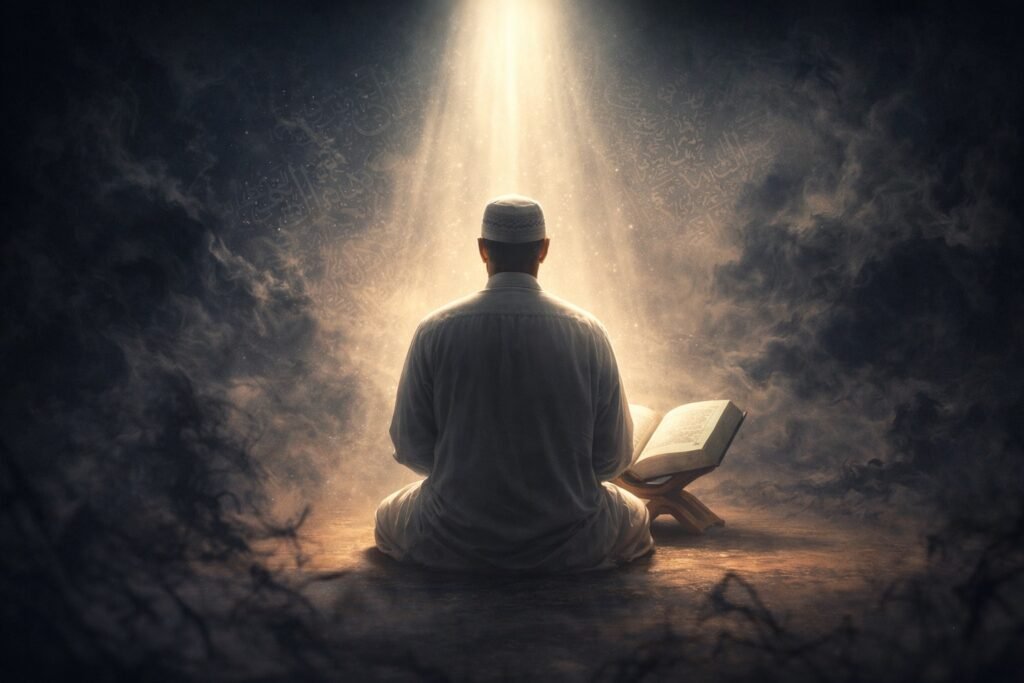 Islamic illustration representing the origin of magic, ancient civilizations, and spiritual protection through faith