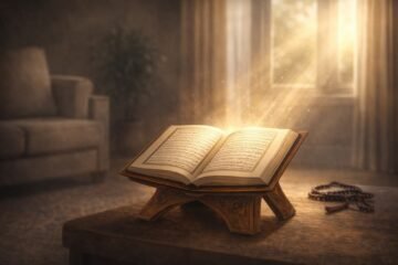 Digital illustration of an open Quran glowing softly in a peaceful home, symbolizing spiritual protection and guidance.