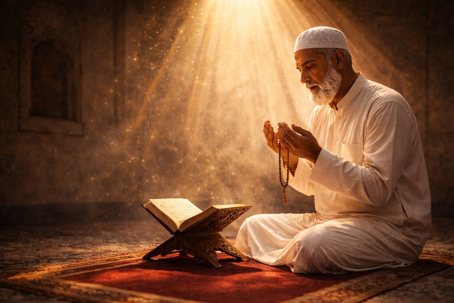 A spiritual guide mentoring a devotee, symbolizing inner growth, patience, and divine connection in Islamic mysticism.