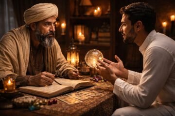 Peaceful landscape under a partial solar eclipse, symbolizing reflection, repentance, and spiritual awareness during a celestial event.