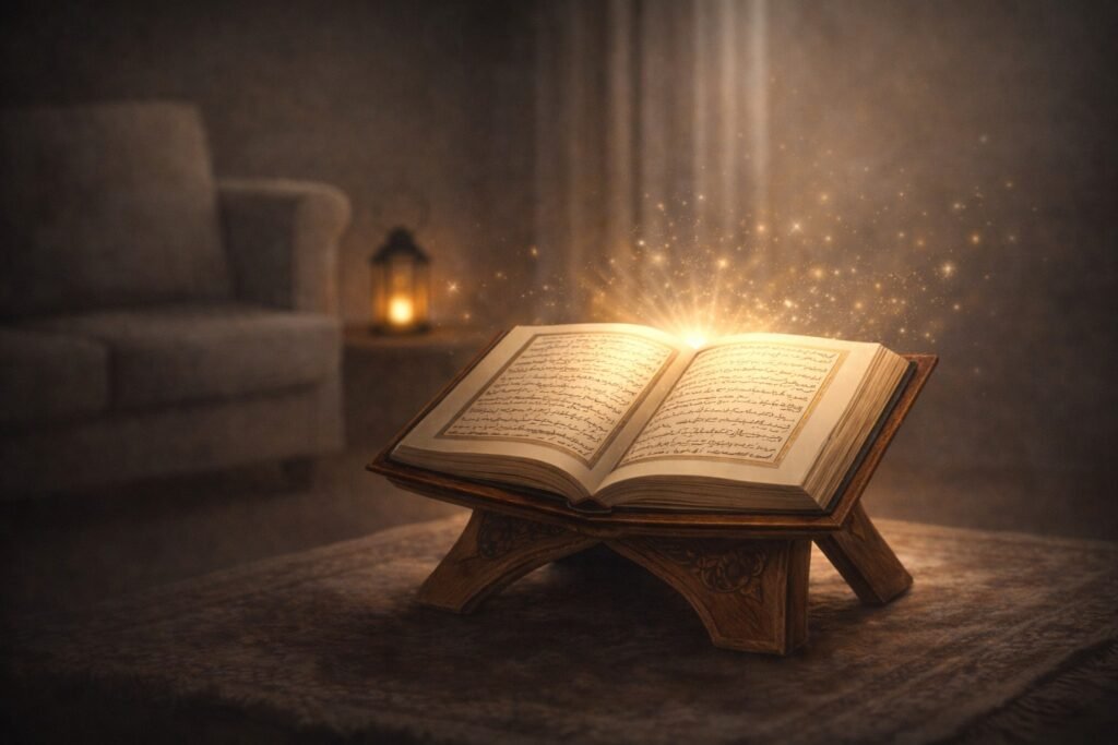 Open Quran glowing softly on a stand in a serene room, symbolizing divine guidance and spiritual protection.