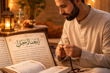 Alt text: "A Muslim man in his 30s, sitting on a prayer mat, learning Istikhara with a Quran in front of him, holding prayer beads, surrounded by a serene and spiritual atmosphere with soft lighting."