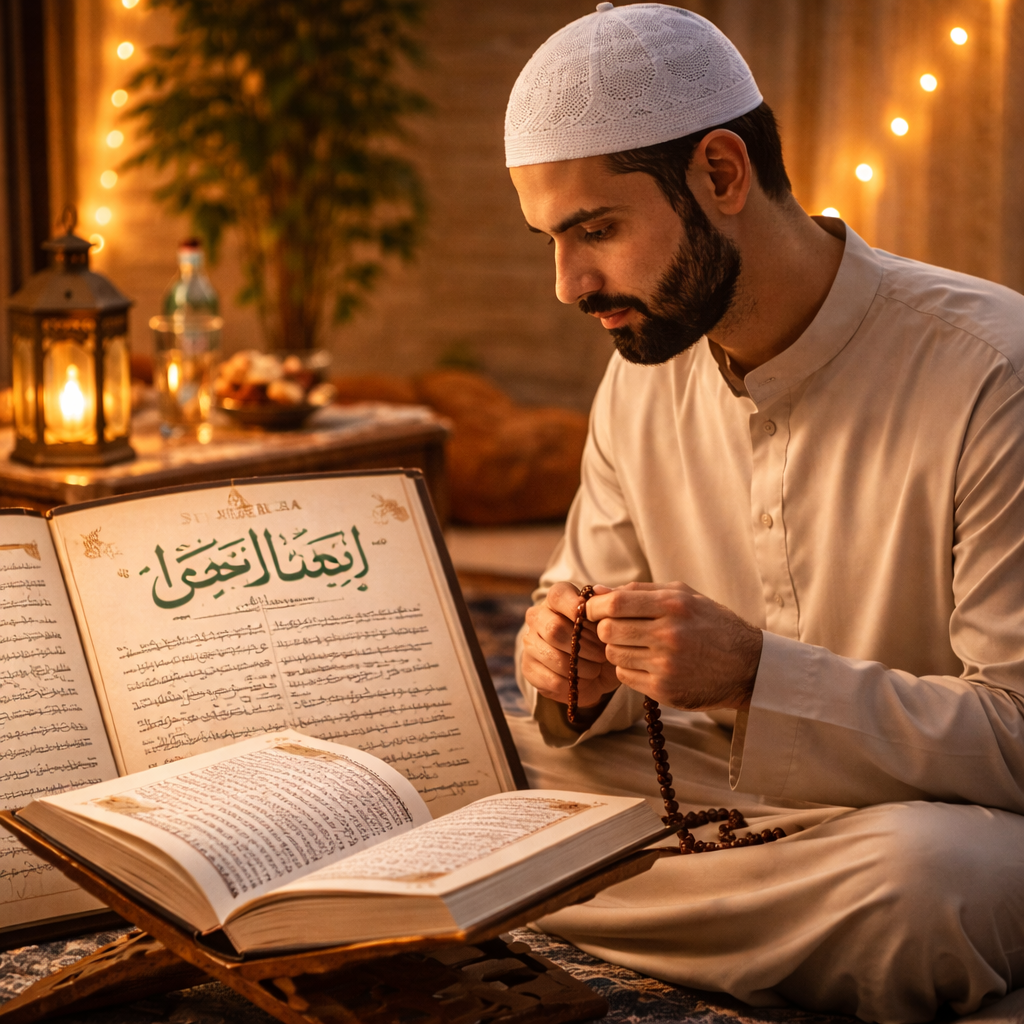 Alt text: "A Muslim man in his 30s, sitting on a prayer mat, learning Istikhara with a Quran in front of him, holding prayer beads, surrounded by a serene and spiritual atmosphere with soft lighting."