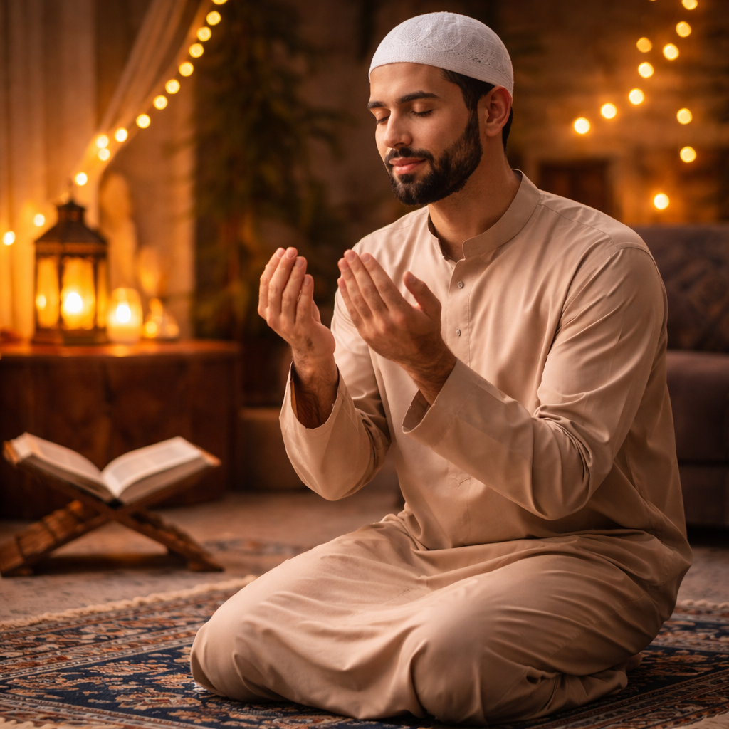 A Muslim man praying during Ramadan while fasting, sitting on a prayer mat with raised hands in a calm and spiritual atmosphere.