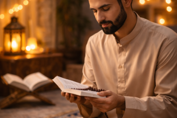 "Muslim man reading Ramadan wazaif on a prayer rug with Quran and lantern nearby."