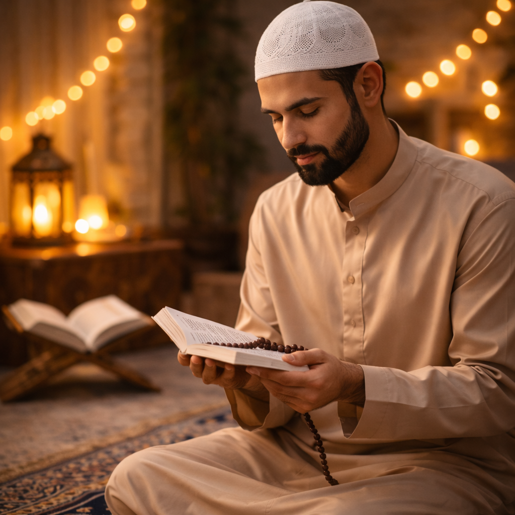 "Muslim man reading Ramadan wazaif on a prayer rug with Quran and lantern nearby."